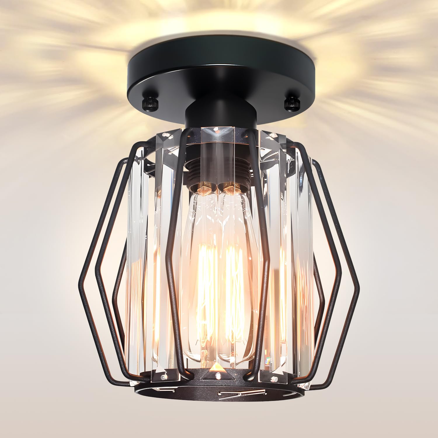 Mlihove Hallway Ceiling Lights Crystal Lighting, Black Samll Chandelier Modern Semi Flush Mount Ceiling Light Fitting for Entryway, Hall, Kitchen, Entrance, Bathroom