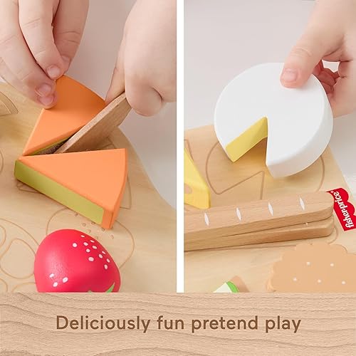 Miniatura 4 de Fisher-Price Juego de tablero de charcutería de juguete de simulación de madera, juego de 19 piezas con madera y tela para niños preescolares a