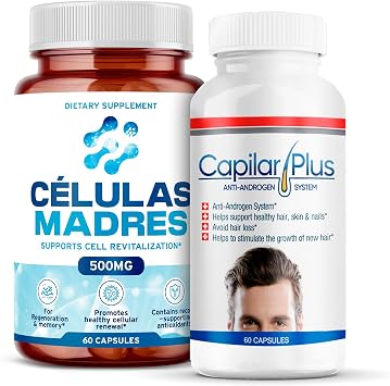 AFA Stem Cell & Hair Growth Supplement Bundle | 60 Caps Each | Antiaging & Longevity Support with Immunity Boost | Capilar Plus for Hair Loss Treatment | Healthy Skin, Hair & Nails | Spirulina, Chlore