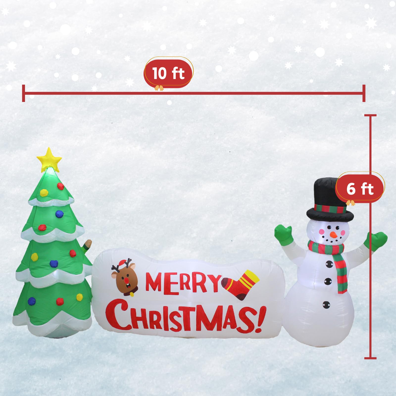 PTS Muñeco de nieve inflable de 10 pies con árbol y letrero para decoración al aire libre, decoraciones de patio inflable de Navidad, luces LED integradas, decoración divertida para interiores y