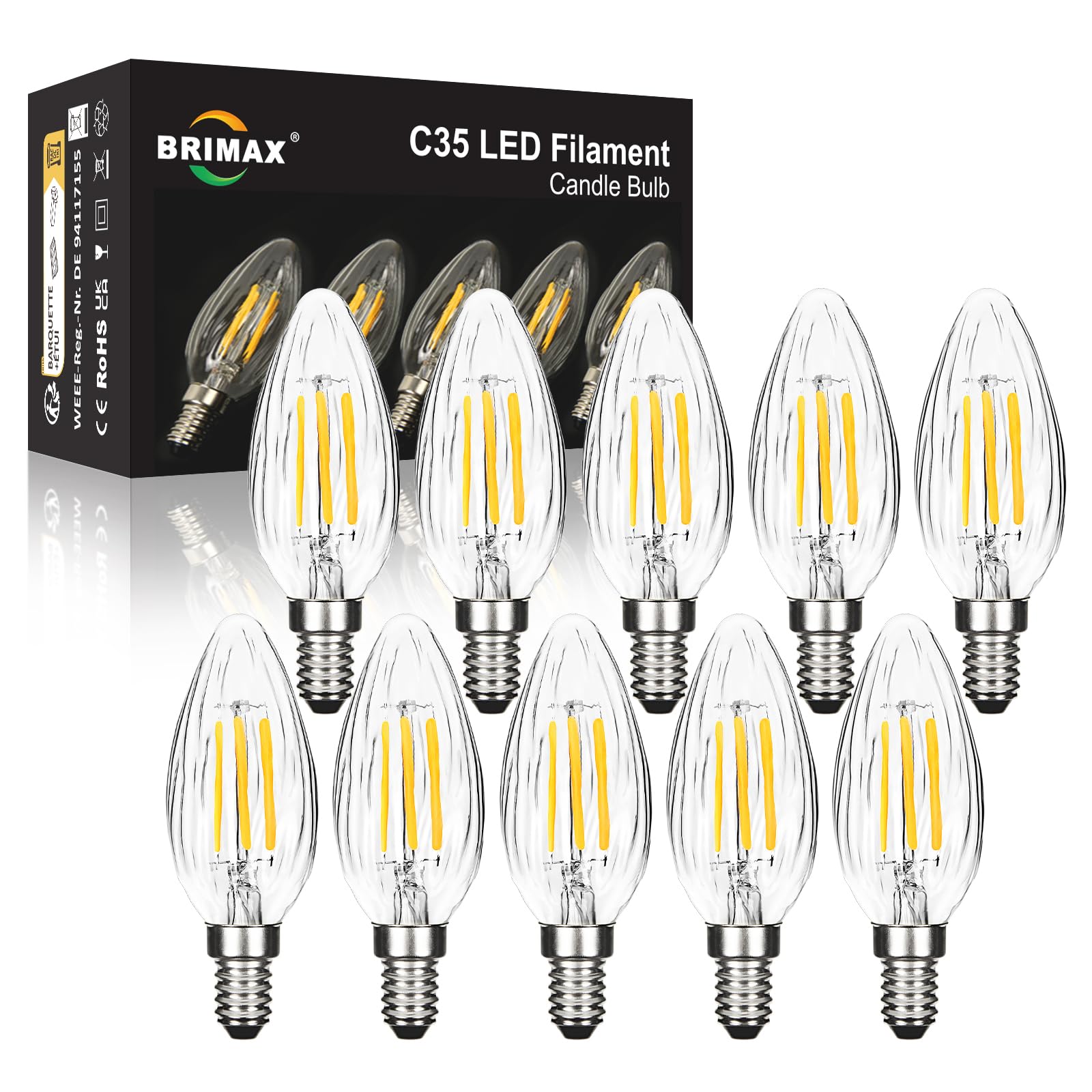 BRIMAX E14 LED Candle Bulbs Dimmable 6W, 60W Equivalent, Soft Warm White 2700K, Flame Wrinkle Glass Shell