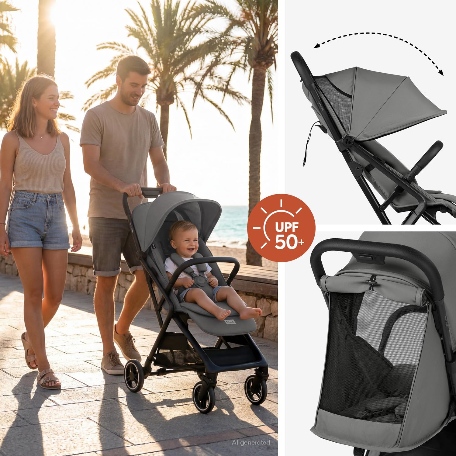 hauck Fly N Care Passeggino da Viaggio Ultracompatto e Leggero con Borsa di Trasporto e Adattatori Ovetto, Pieghevole con Una Mano, Schienale Reclinabile dalla Nascita a 22 kg, UPF 50+