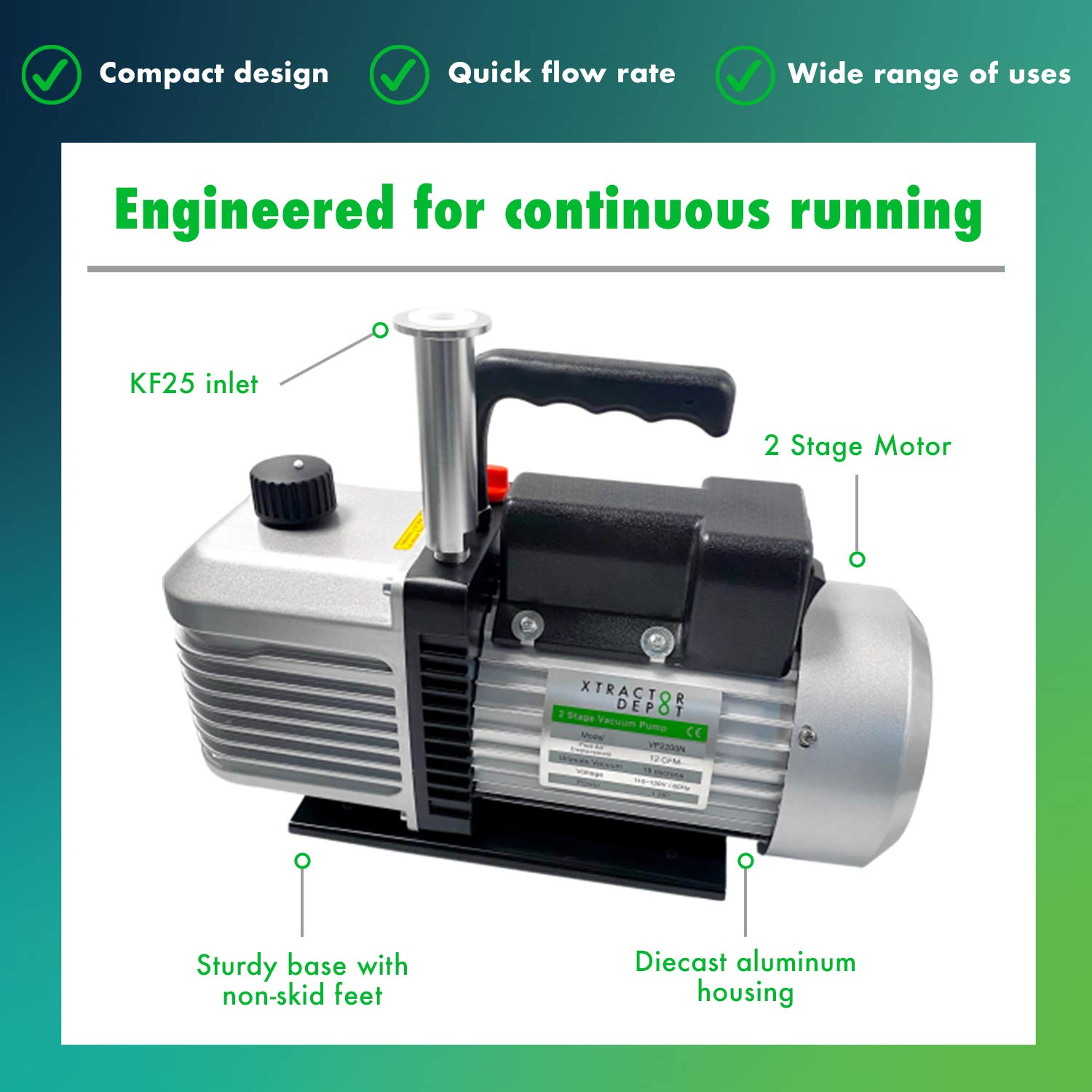 RAW-AVP-001, 2-Stage Rotary Vane Ultimate Vacuum Pump, 12CFM, 15 Microns, 1HP Motor, 110-120V/60Hz, 630ml Oil Capacity - ONE Unit