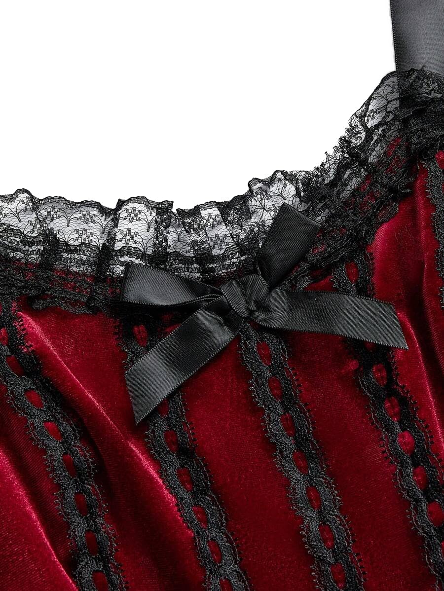 LANSHULAN Women Gothic Retro Palace Style Lace Trim Velvet Goth Dress - Image 9