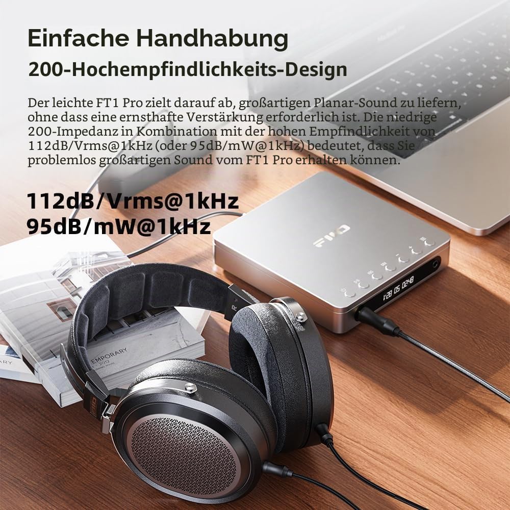 FiiO FT1 Pro Open-Back Planar Magnetic Wired Hi-Fi Kopfhörer für Zuhause, Studio, Aufnahme, hohe Empfindlichkeit (Schwarz)