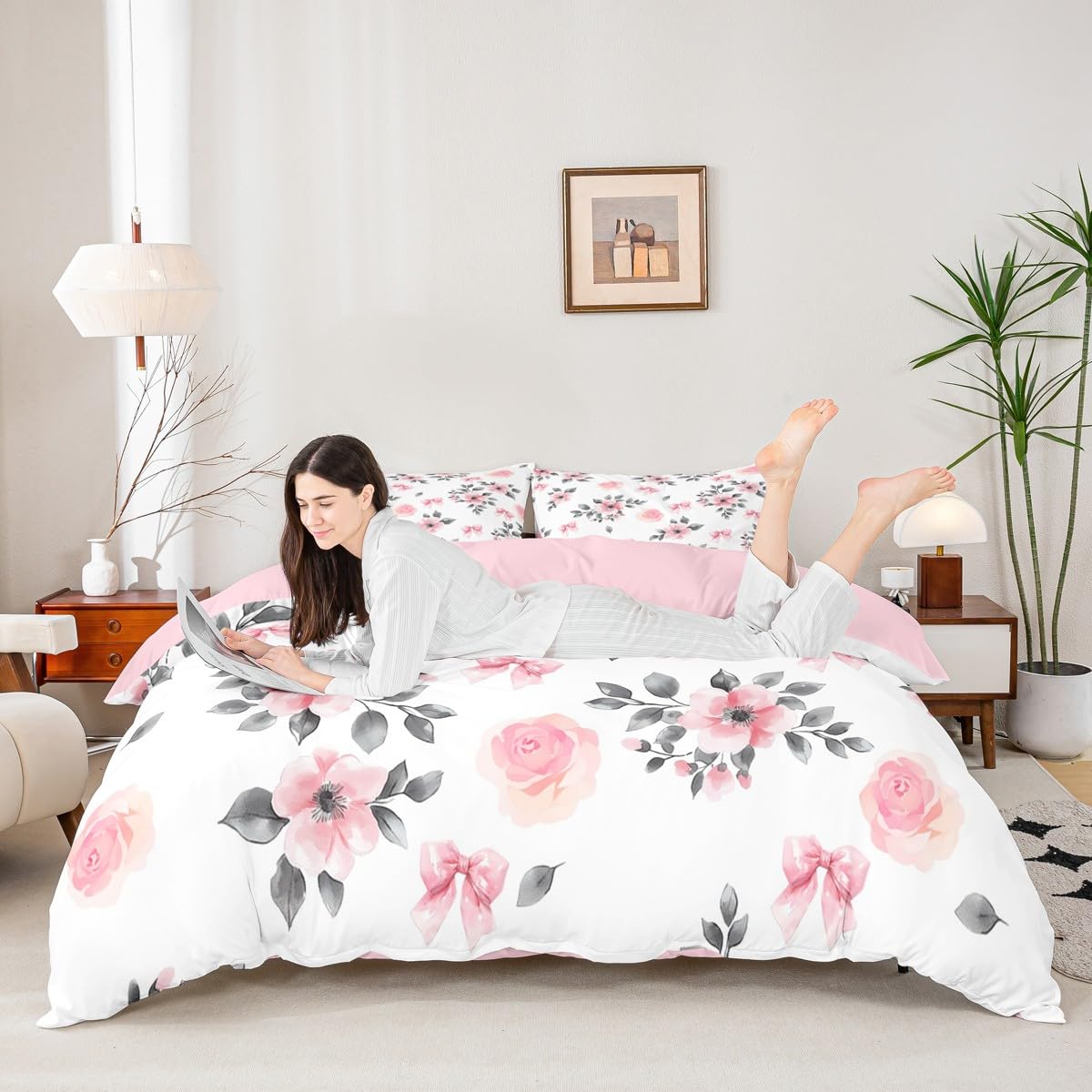 Homemissing Pink Flower Bowknot Duvet Cover Set Single Size For Kids Boys Girls Women Floral Botanical Bow Bedding Set Floral Print Duvet Cover with 1 Pillowcase - Image 2