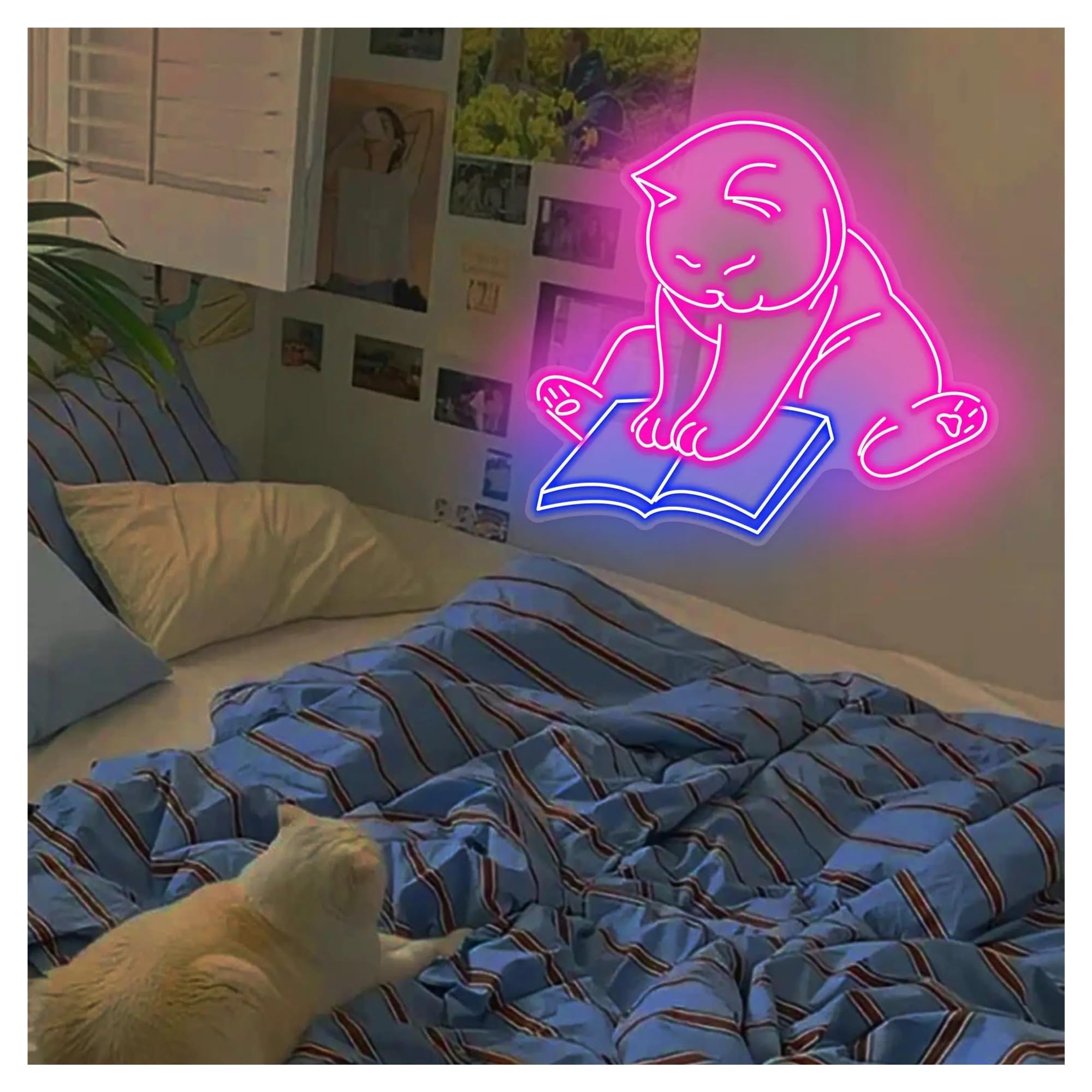 LEMST Sign Lamp Cat Reading Book Neon Sign Cute Cat Pet Lover Neon Lights for Wall Bedroom Decor 60cm(B)