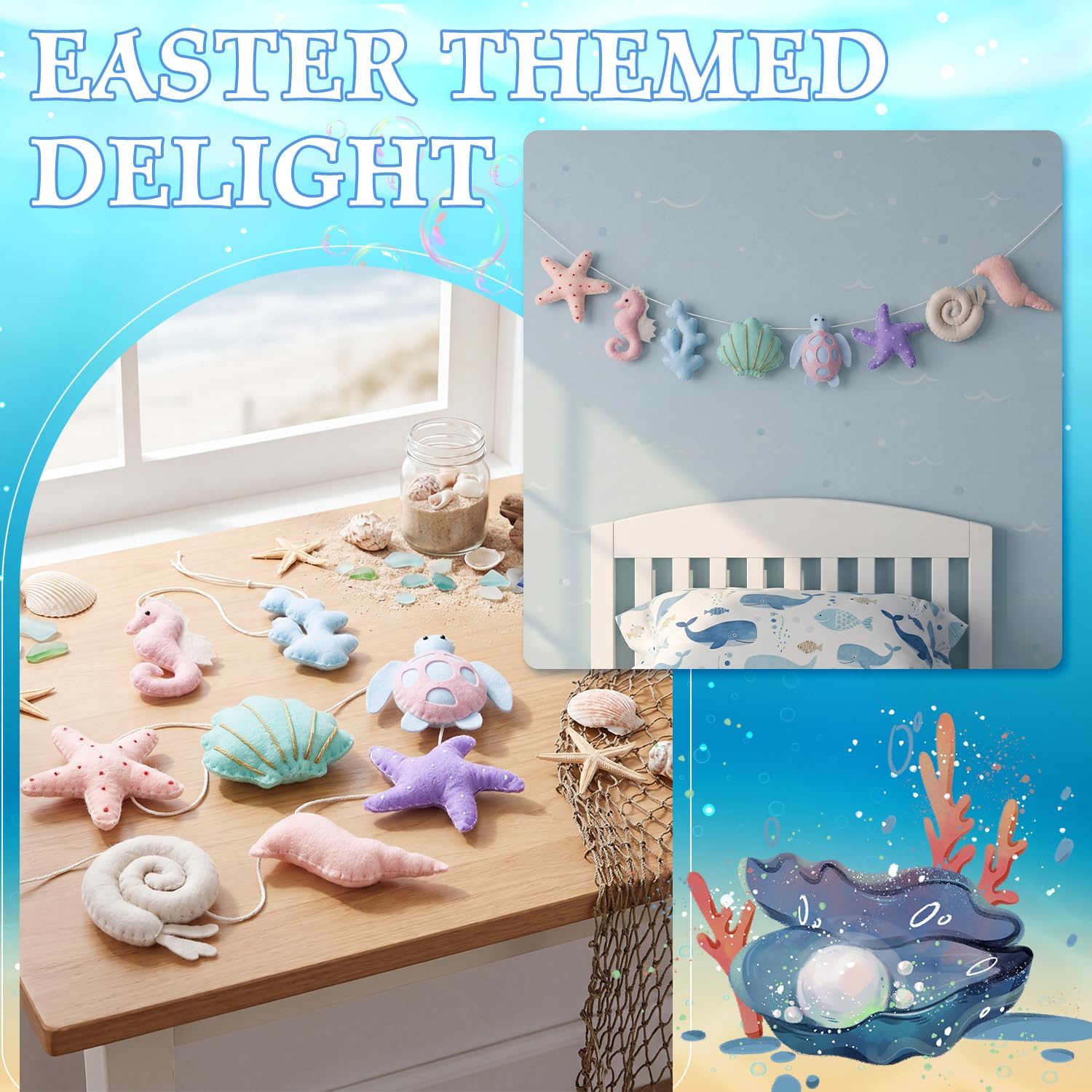SmoothNovelty Under The Sea Decorations for Home, Seashell Felt Garland 4.9 ft Handmade Beach Starfish Sea Life Hanging Banner for Ocean Coastal Nautical Mantle Fireplace Mermaid Birthday Party Decor