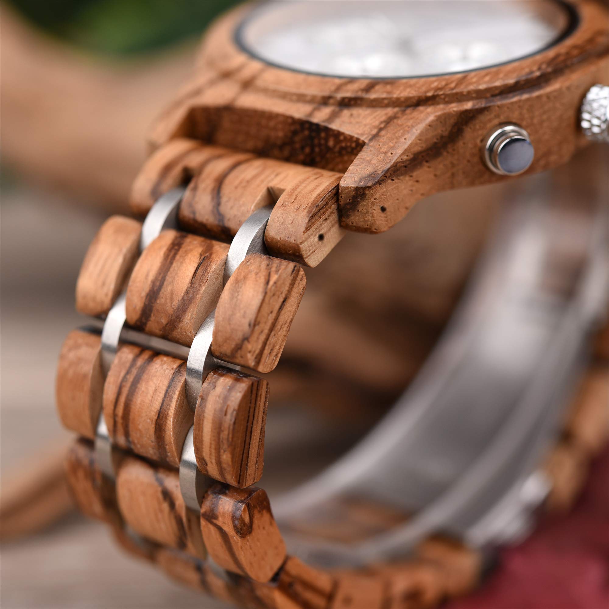 Kim Johanson Herren Holz-Edelstahl Armbanduhr *Air Force* in Hellbraun Chronograph mit Einem Gliederarmband Handgefertigt Quarz Analog Uhr inkl. Geschenkbox