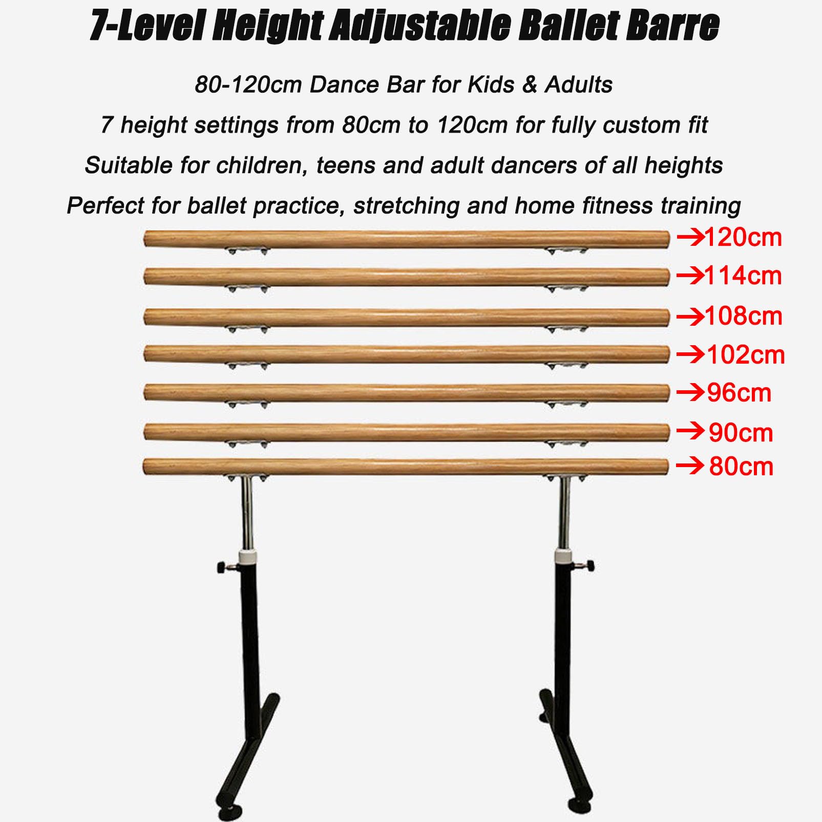 Barra de Ballet Independiente, Ajustable en 7 Niveles, de Madera Maciza | Base Antideslizante con ventosas, Barra de Madera con núcleo de Acero, Barra de Estiramiento para niños y Adultos, e