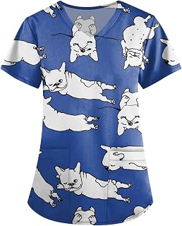 DIYIOUZHOU Womens Scrubs, Work A Line Tops Women Short Sleeve Easter Hip Cool Polyeste Blouses Baggy Printing with Pockets V-Neck Shirts Womens