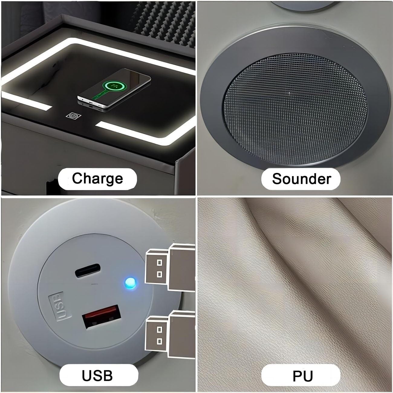 充電ステーション付きの小さなスマートなベッドサイドテーブル、LEDライト付きのモダンなコーヒーテーブル、ベッドサイドテーブル (Co