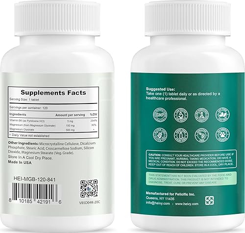 Miniatura 2 de Heivy Glicinato de magnesio puro de 500 mg con vitamina B6, 100% quelado y purificado apoya el alivio nervioso, ayuda para dormir y apoyo muscular
