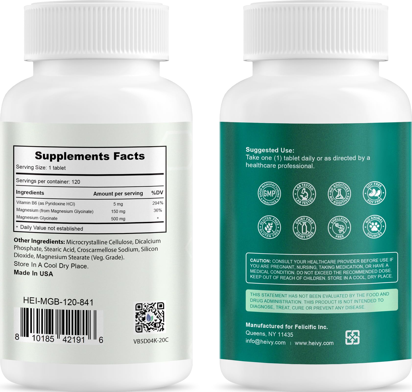 Heivy Pure Magnesium Glycinate 500mg, 120 Tablets Made in USA — Amazon image 8