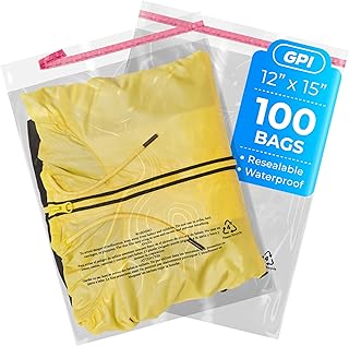 100 Count - 12" x 15" Large Self Seal Poly Bags with Suffocation Warning, 1.5 Mil, Clear Polybags with Resealable Adhesive Strip for Shipping & Packaging Clothing, T Shirts & Sweaters. GPI