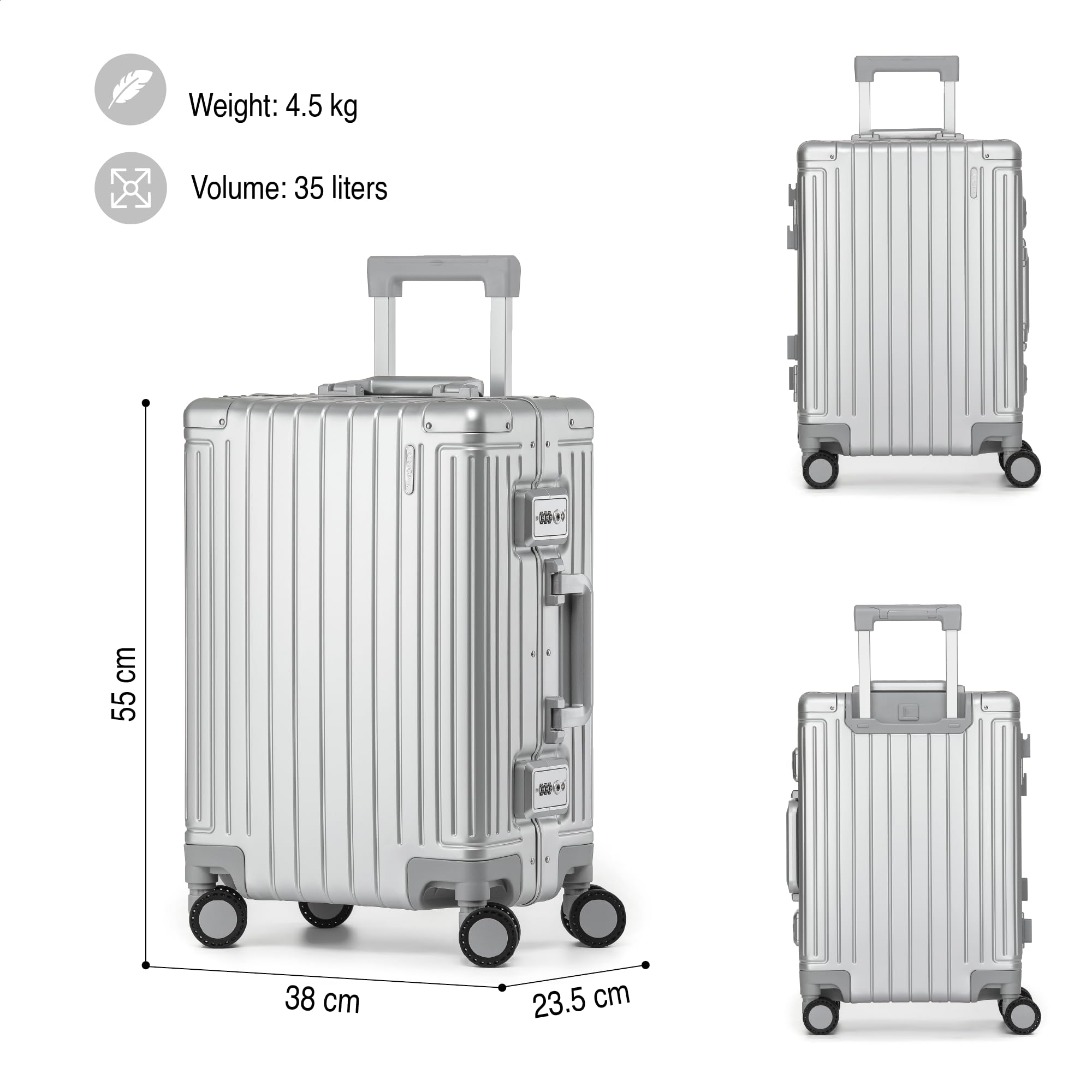 KOFA Geneva Bagaż podręczny, 55 cm, rama aluminiowa i twarda obudowa z poliwęglanu, walizka kabinowa, walizka na kółkach Spinner z 4 rolkami i podwójnym zamkiem TSA, 35 l, srebro, 55x37x23 cm