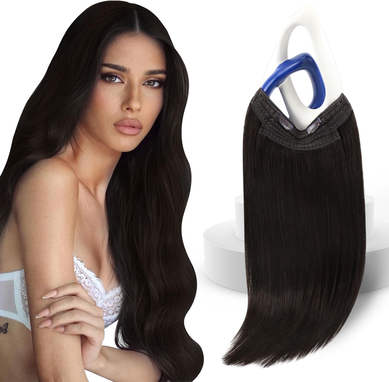Sunny Hair Wire Hair Extensions Real Human Hair Softness 20 Inch 105G Color 2 Darkest Brown Invisible Transparent Line Adjustable Secret Fish Line Hairpiece Easy to Wear