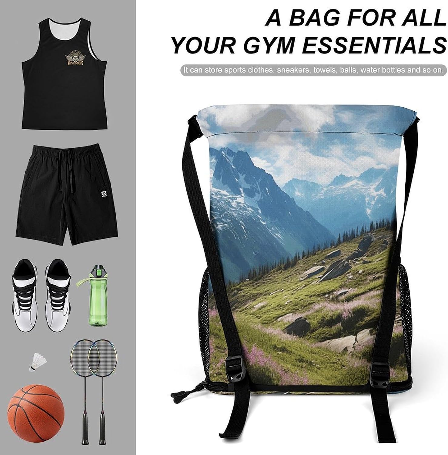 Mountains Drawstring Backpack with Wet Pocket - Large Capacity Gym Bag with Shoe Compartment & Mesh Pockets, Adjustable Lightweight Gym Backpack for Swimming, Travel, Workout