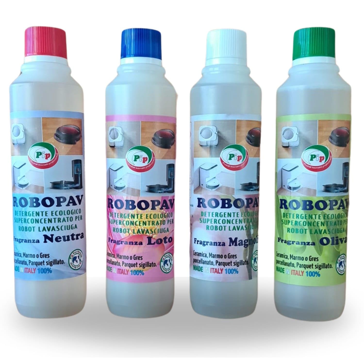 PIP ROBOPAV,(NUOVO) Detergente Pavimenti per Robot e Lavasciuga, Concentrato, Senza Risciacquo, Multisuperficie, Compatibile per tutti i Robot, Kit Profumo Assortito, 4 FL.da ml.500 + Omaggio