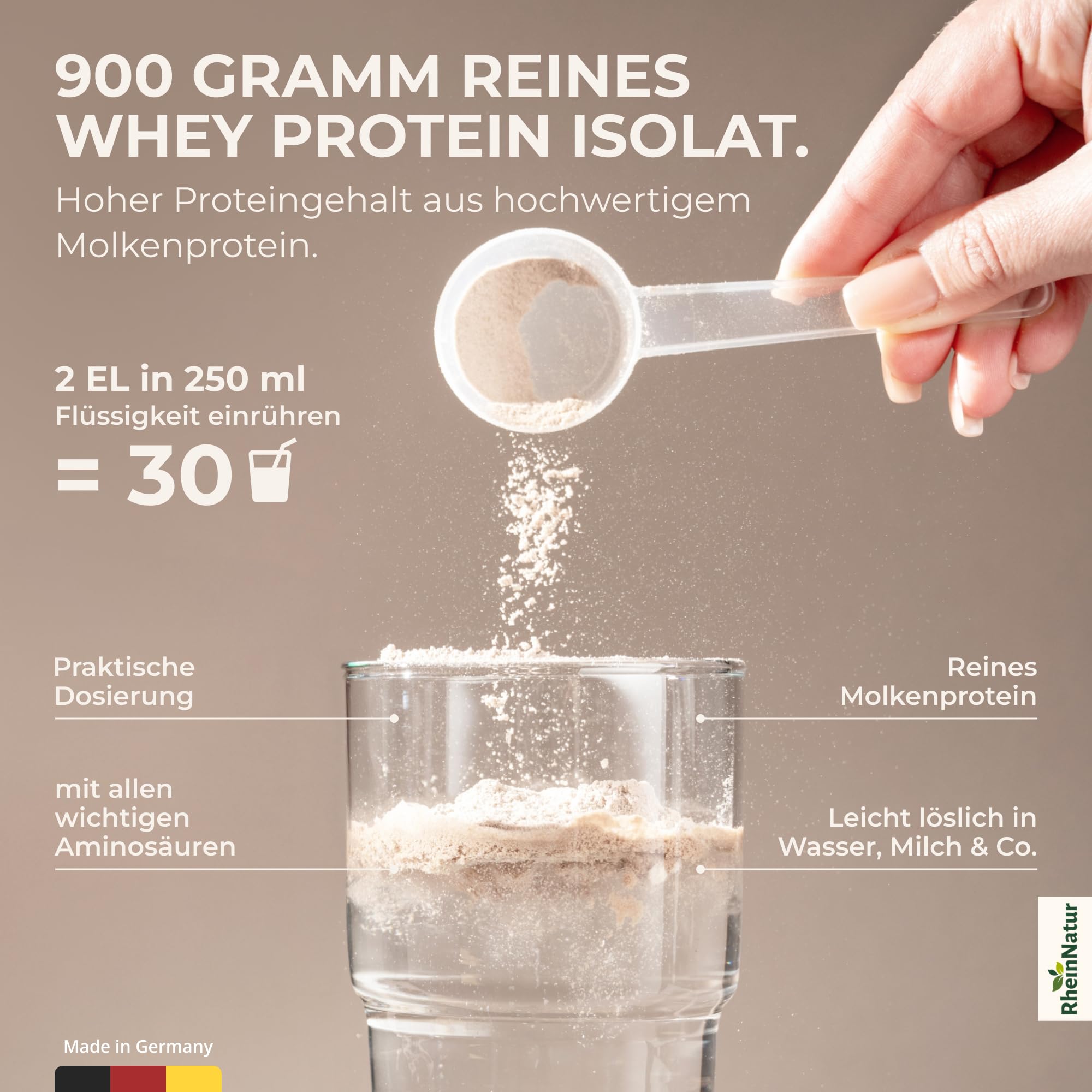 RheinNatur Whey Protein Isolate 900 g - Molkenprotein-Isolat, 91% Eiweißanteil, ohne Zuckerzusatz