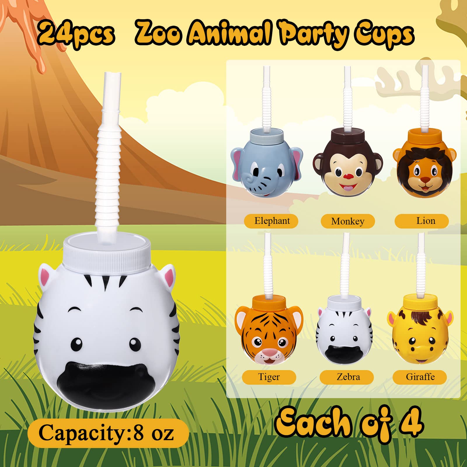 Hoolerry 24 juegos de vasos 3D de animales del zoológico con pajitas y tapas flexibles de 10 onzas, vasos de plástico reutilizables con temática de safari y selva, vasos esculpidos para cumpleaños
