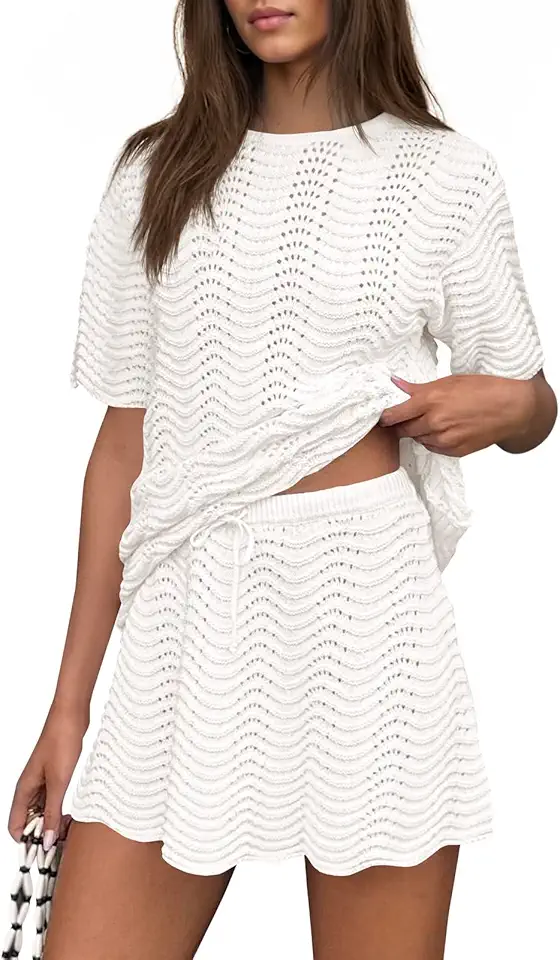 Fisoew Saída de praia feminina de 2 peças, de crochê, de manga curta, roupa de banho para férias de verão e praia