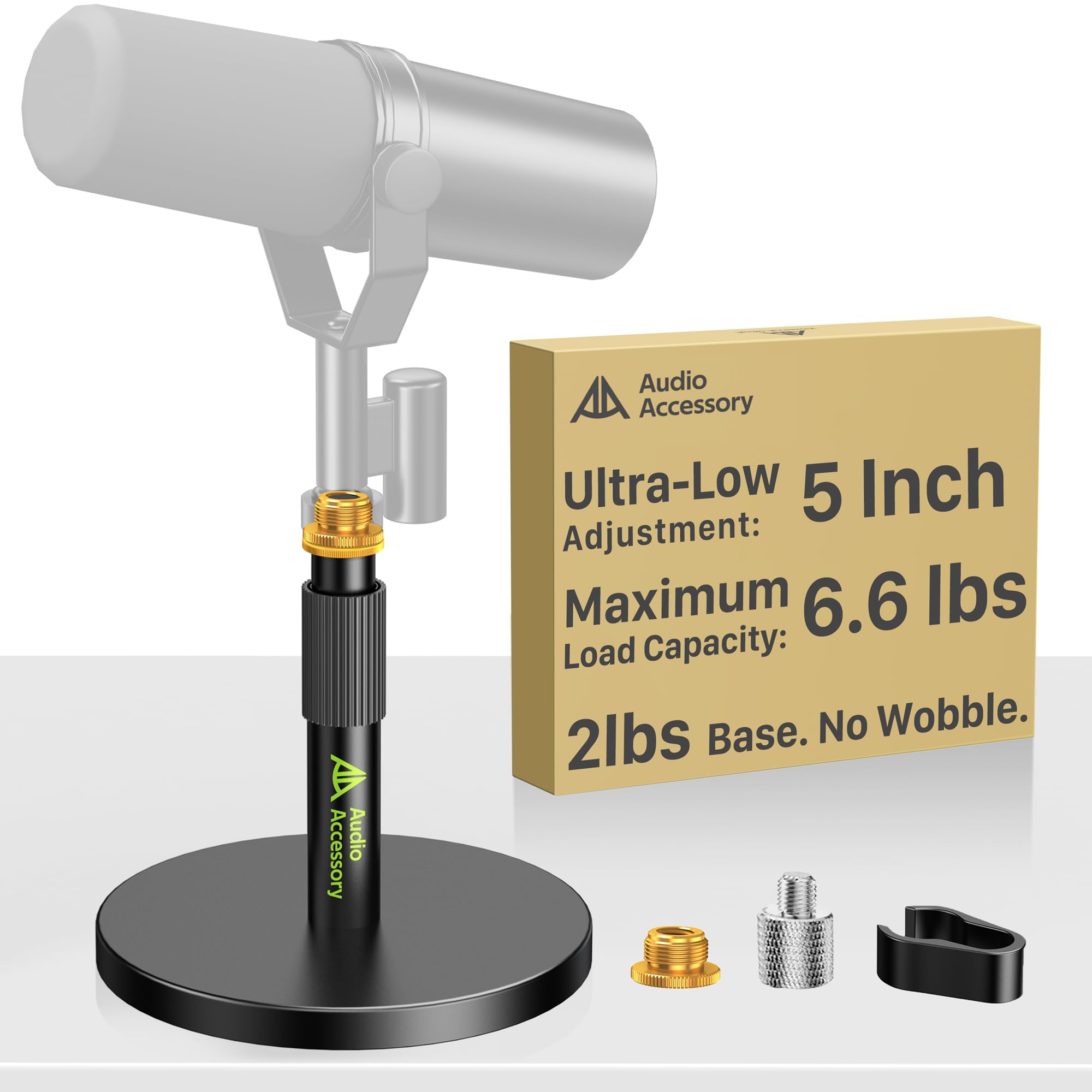 AA AUDIO ACCESSORY 짧은 마이크 스탠드 데스크, 울트라 로우 12.7cm(5인치) 조절 가능, 3kg(6.6파운드) 적재 용량, Shure SM7B SM7dB MV7+ MV7X MV6, Fifine Yeti Rode PodMic MAONO용 올 메탈 데스크탑 마이크 스탠드 테이블