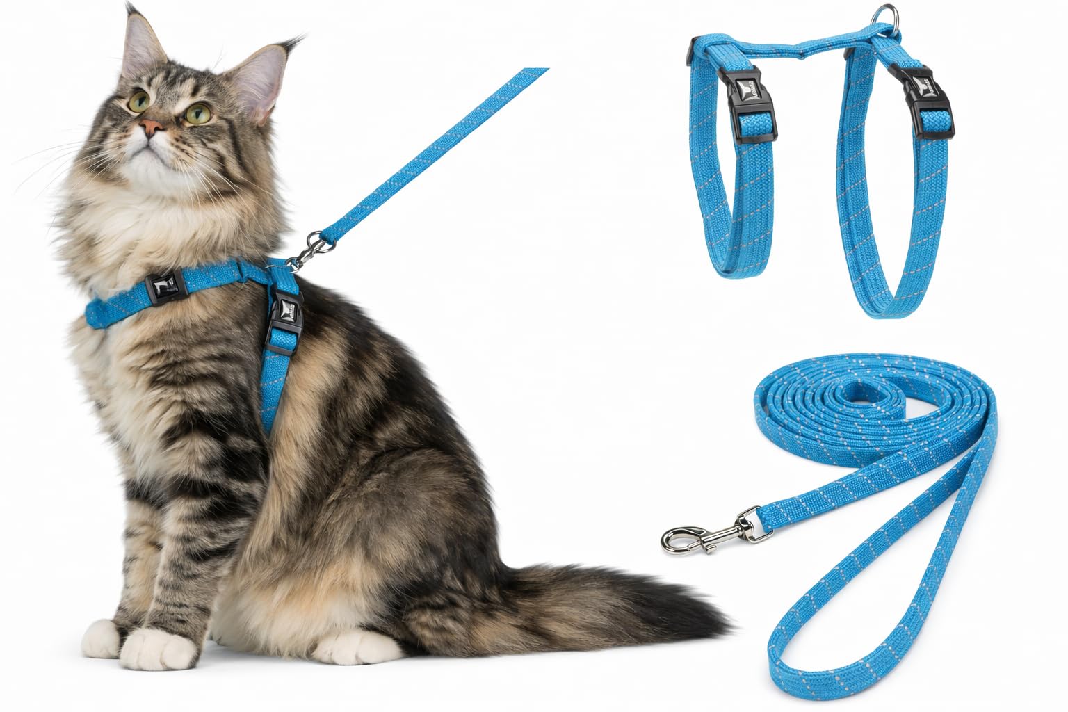 cat harness - large cat Elza blue - 22-32cm - 35-56cm - leash 120cm - adjustable nylon - reflective - with carabiner