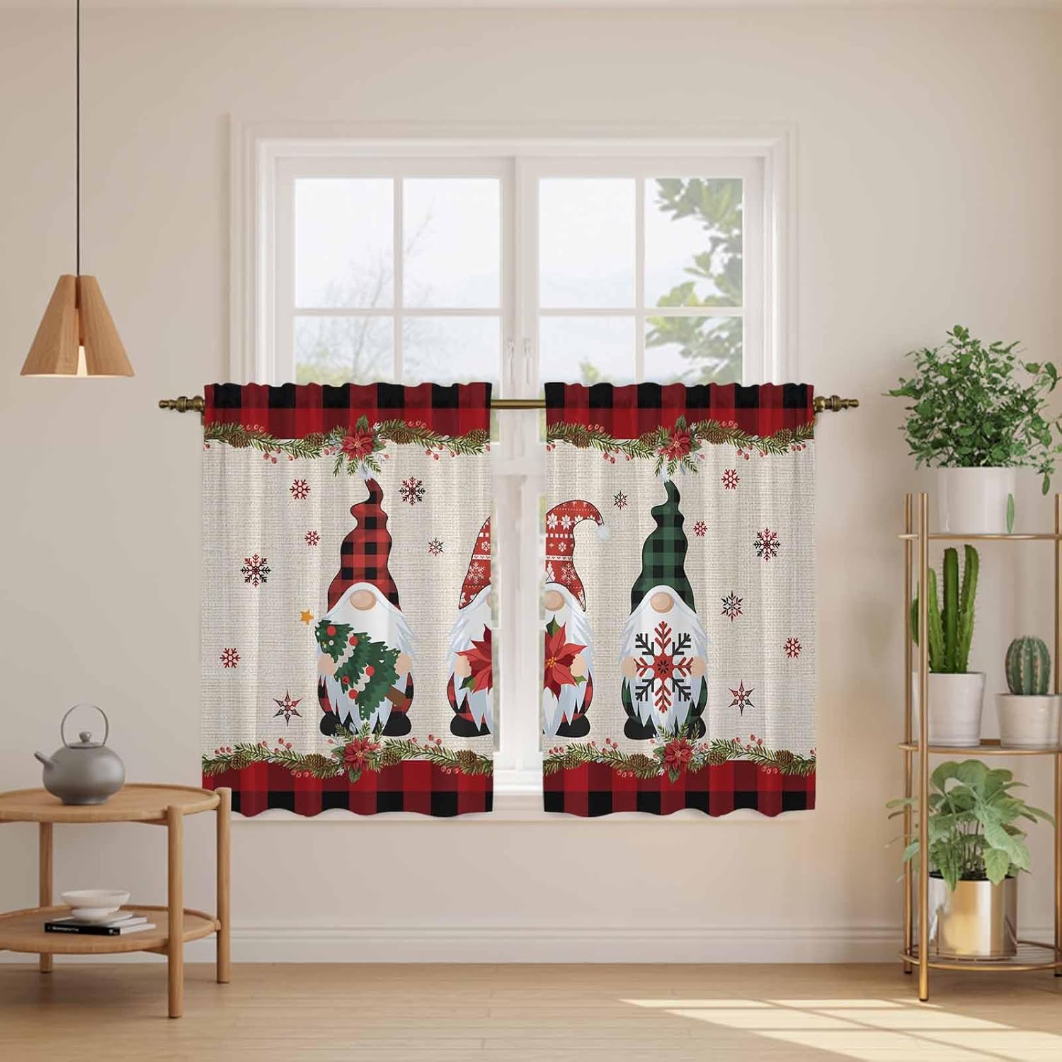Christmas Gnomes Kitchen Tier Curtains 45 Inch Long 2 Panel Set,Rod Pocket Short Window Treatment,Red Black Plaid Xmas Tree Snowflake Burlap Curtains & Drapes for Bathroom Basement 27.5"W x 45"L
