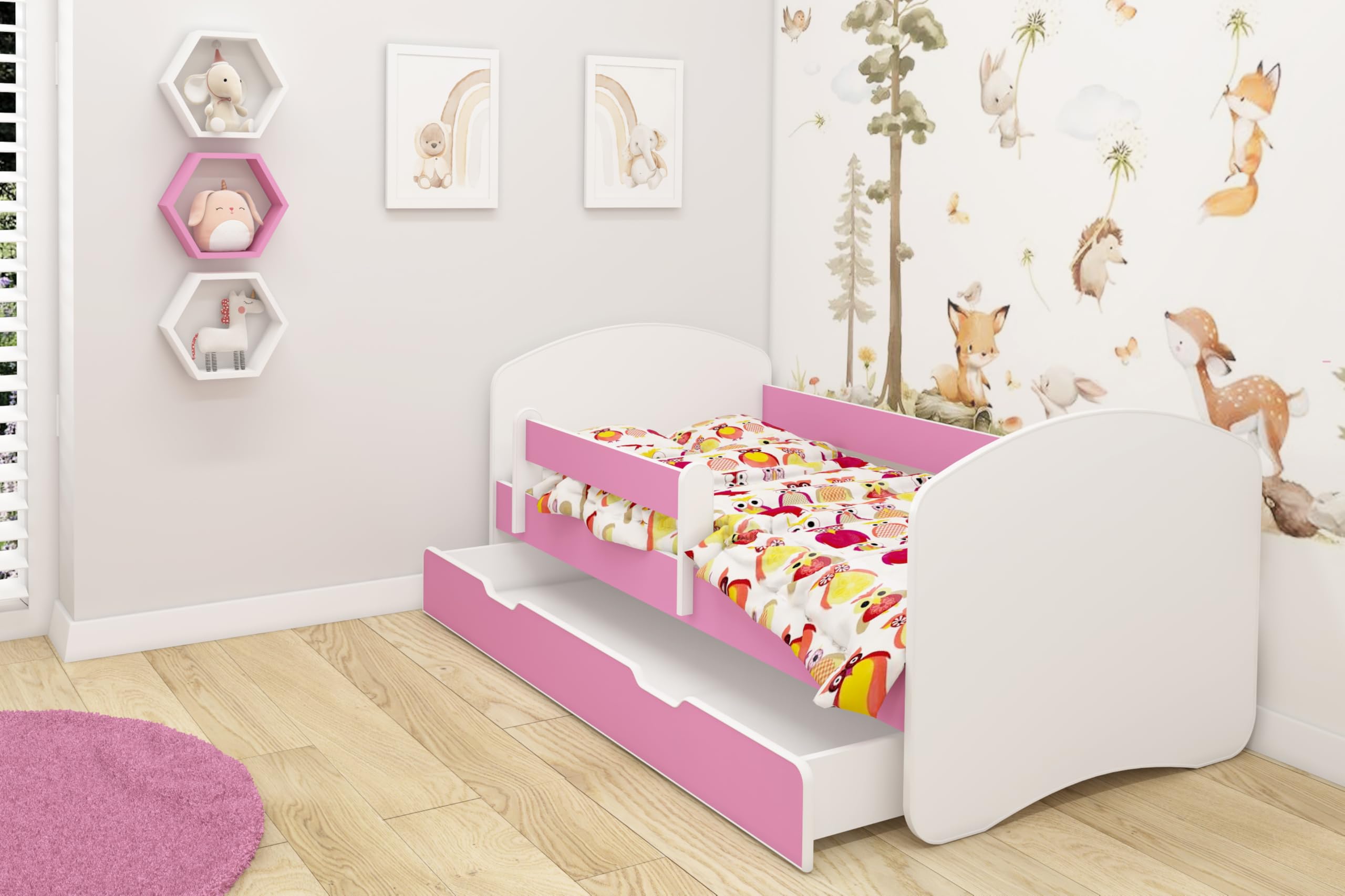 ACMA Kinderbett 180x80 cm Rosa mit mit Matratze und Lattenrost - Juniorbett mit Rausfallschutz, Belastbar bis 120 kg,Variante mit Schublade