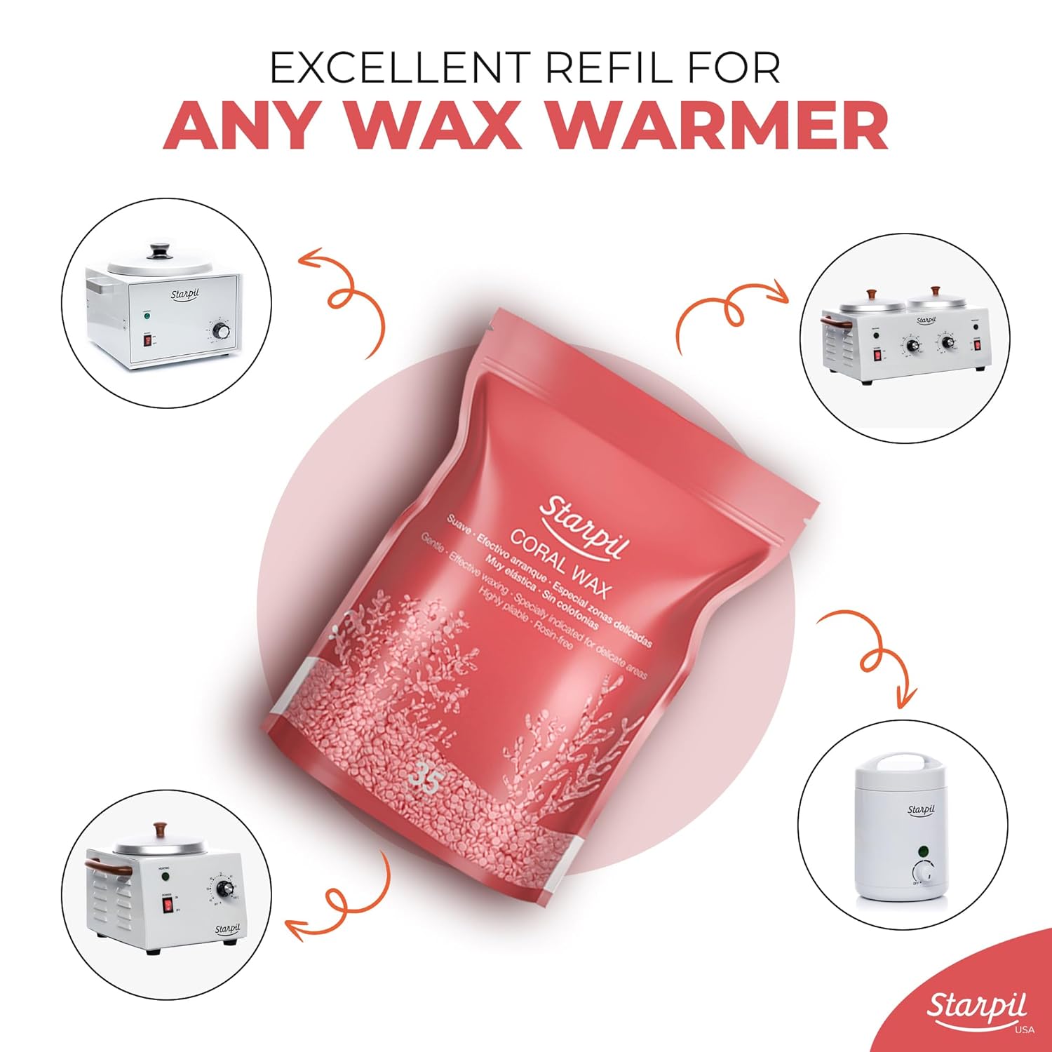 Starpil Wax 1000g / 2.2 lb Coral Hard Wax Beads for Painless Hair Removal, Stripless Wax Beads, Polymer Blend Low Temperature Wax for Face, Bikini, Brazilian, Legs, Underarm, Back and Chest