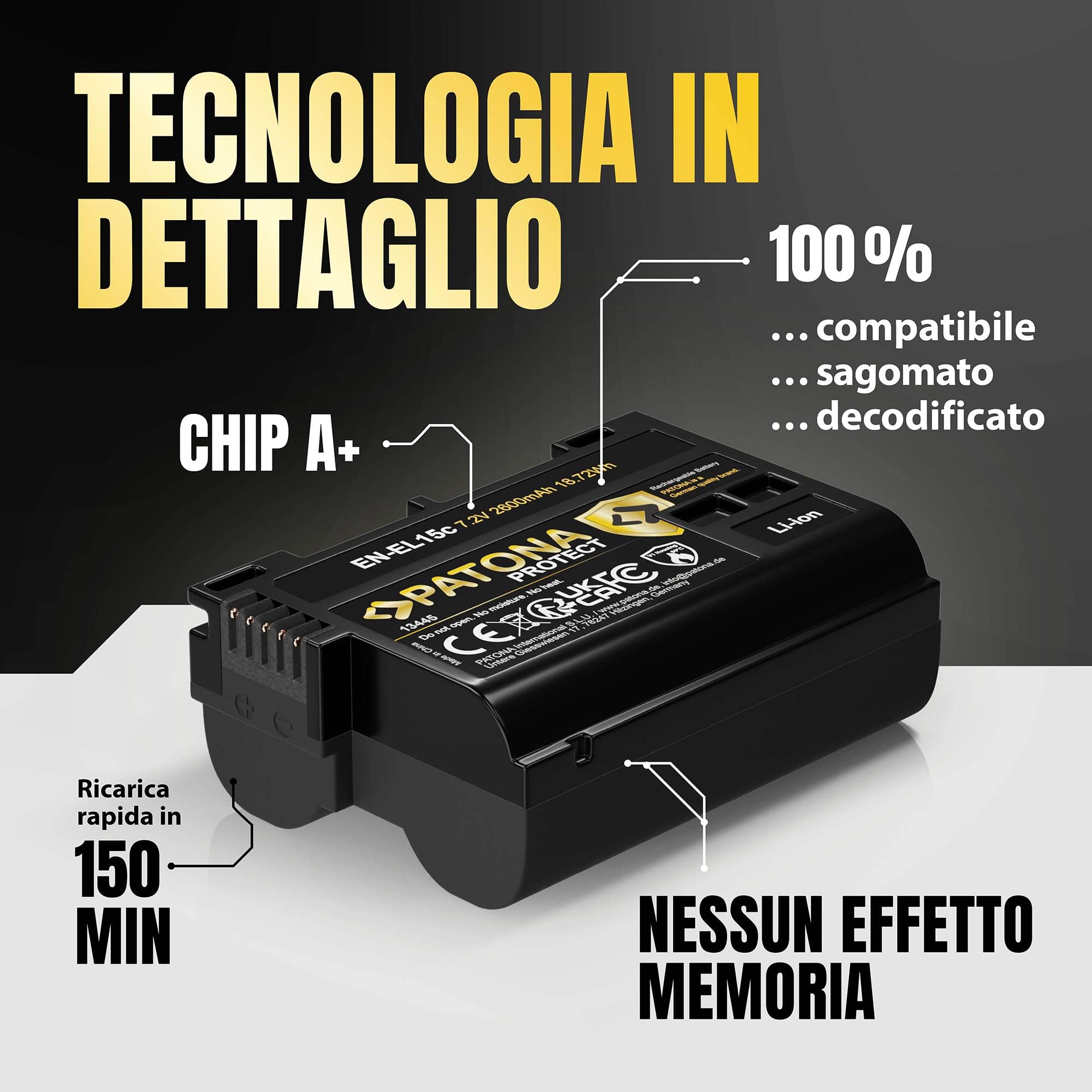 PATONA 2x Protect Batteria EN-EL15c (2600 mAh) – ricambio per Nikon EN-EL15 EL15b EL15c – compatibile con Z5 Z6 II/III Z7 II Z8 Zf D850 D780 D7500 – sensore NTC e guscio V1