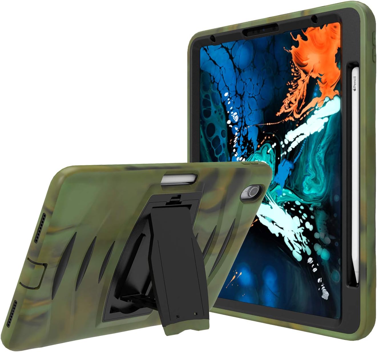 Case for iPad Pro 11 inch 2018 Release, SIBEITU Three Layer Hard Durable Rugged Protective Cover Case with Stand, Pencil Holder for iPad Pro 11 2018 Release Kids Camouflage
