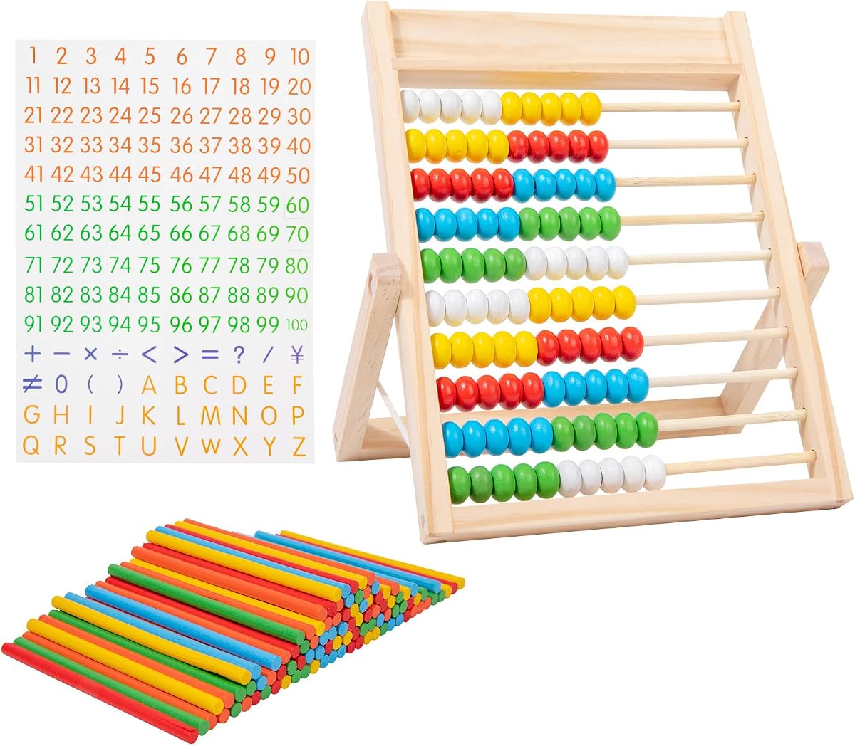 Wooden Abacus Math Learning Toy with Counting Sticks and Number Cards, Colorful Beads, Educational Tool for Kids