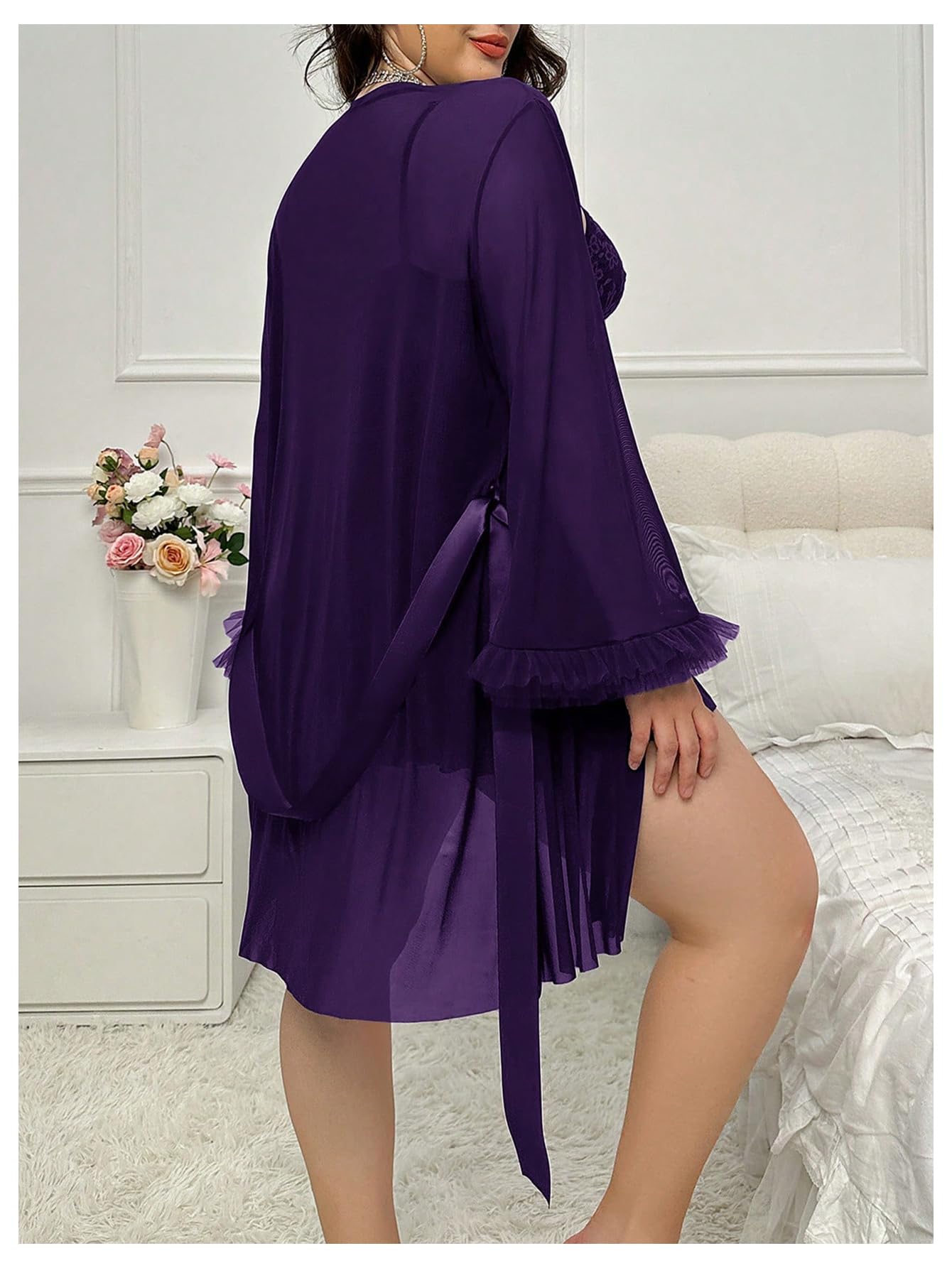 OYOANGLE Women's Plus Size 2 Piece Lace Sheer Chemise Nightgown with Long Sleeve Robe Set Nightwear: 4X-Large Plus Purple