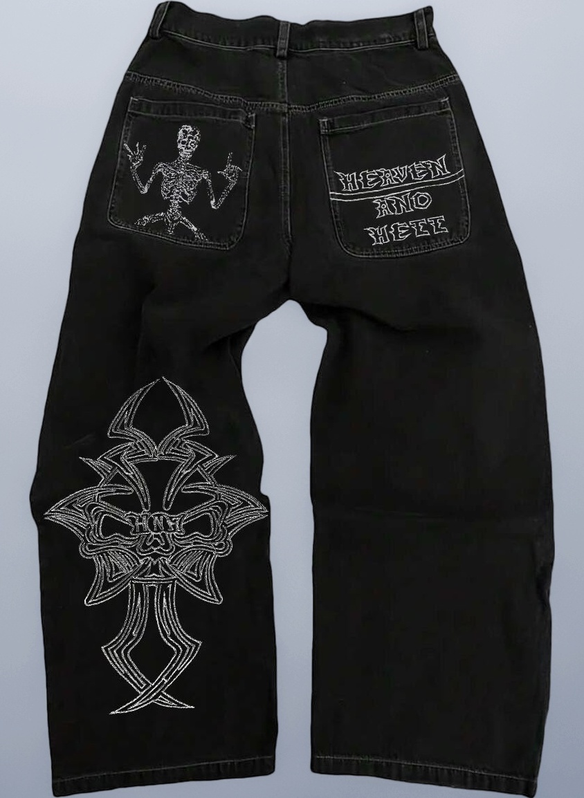 OATSBAS Y2K Beggy Jeans Men's Denim Pants Skull Embroidery Gothic Jeans Straight Wide Leg Trouser Hip Hop Streetwear