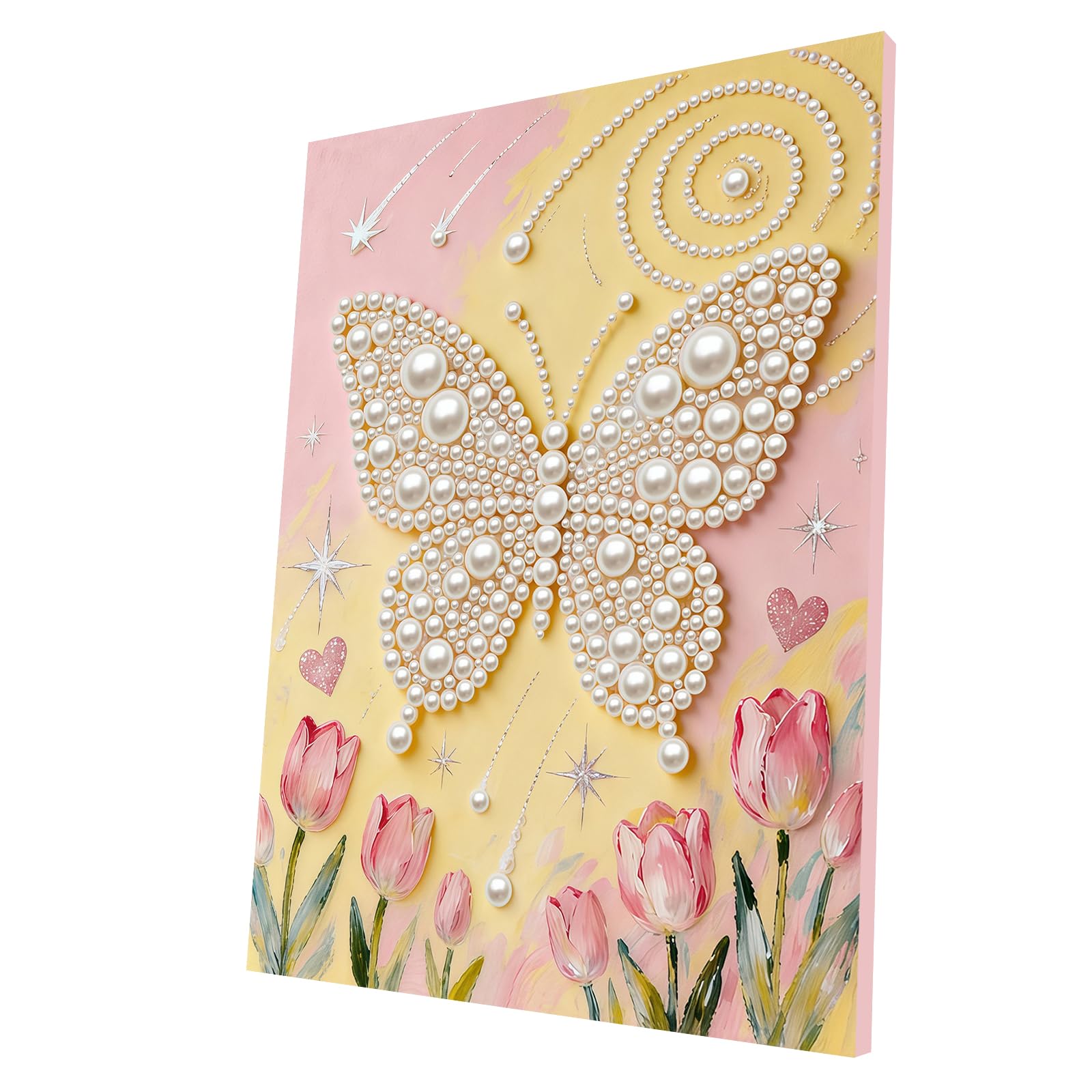 DIY Pearl Painting Kit with Wooden Frame, 3D Plastic Pearl Gemstone Ocean Art Craft for Adults Beginners, Diamond Dot Painting, Home Wall Decor Ready Gift for Women(Tulips Butterfly)(30 * 40cm)