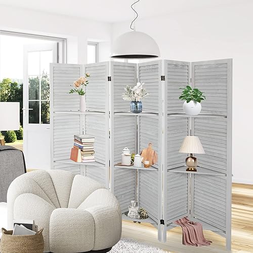 Miniatura 5 de Babion Divisor de habitación de 6 paneles con estantes, divisor de habitación plegable de madera, pantalla divisora de habitación de pared temporal,