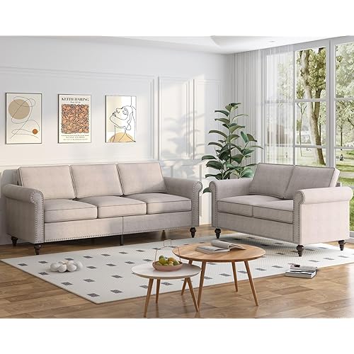 BALUS 2 Piece Sectional Couches for Living Room, Sofa and Loveseat Sets with Nailhead Trim Design, Wood Living Room Set with Gourd Wood Leg, Modern Couches for Home/Bedroom- Beige
