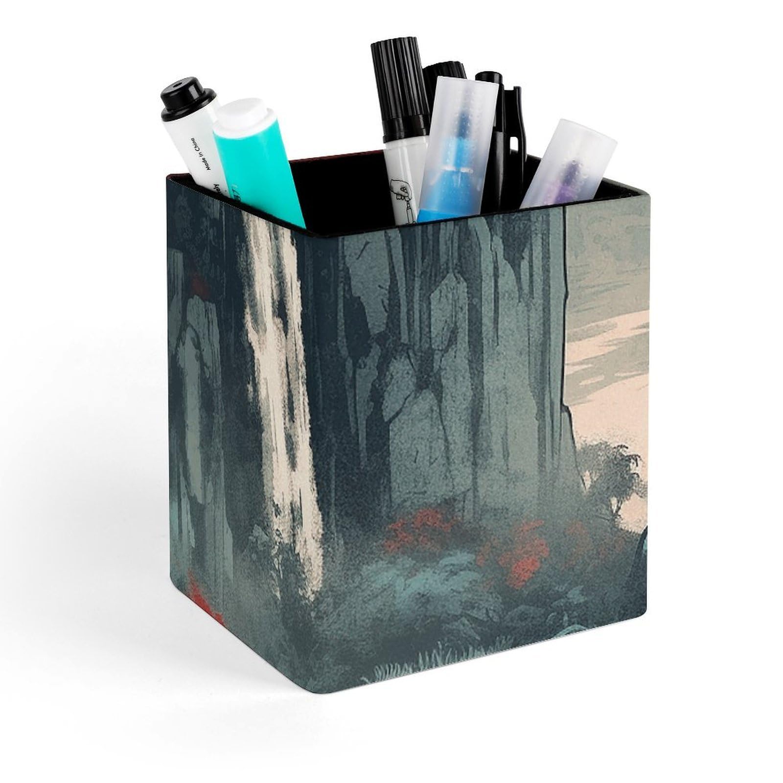 FekiLoot Waterfall Scene Painting Pencil Holder Square Leather Pen Holder Cup Modern Multi-Functional Pencil Cup Holder Decorative Desk Organizer Caddy Makeup Brush Holders for Desk Office