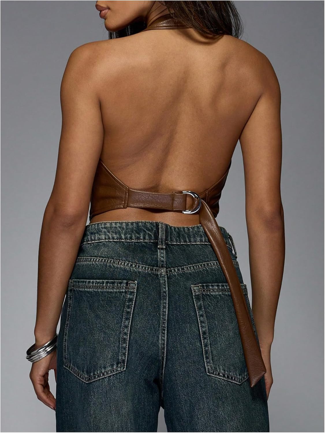 SOLY HUX Women's PU Leather Halter Tank Tops Sexy Deep V Neck Asymmetrical Vest Corset Party Clubwear - Image 2