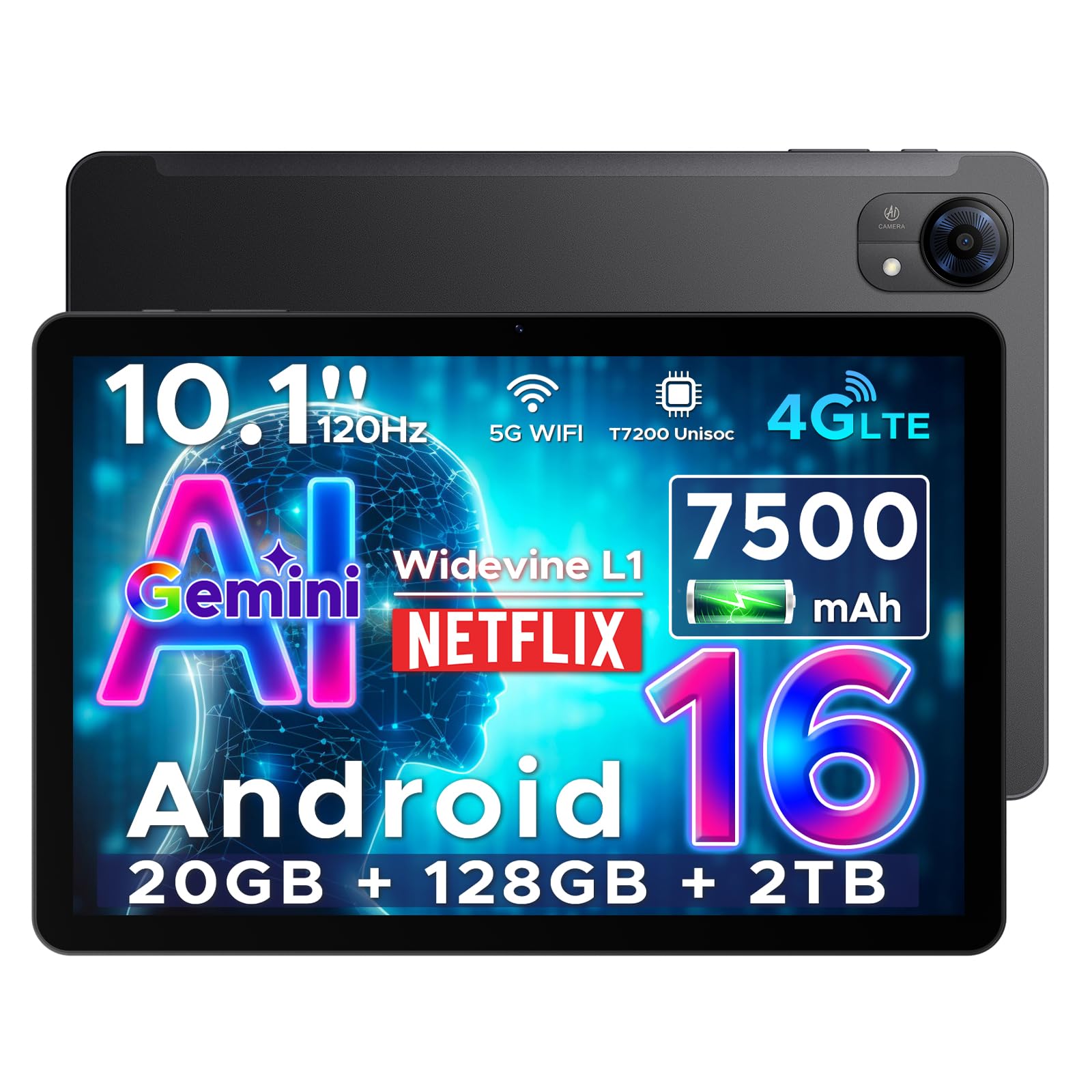 Tab G5 Tablet 10 Pollicii 120Hz IPS HD,Tablet Com SIM, 20GB + 128GB (2TB TF) Unisoc T7200 Tablet Android 16/Gemini AI,7500mAh, 8MP/Widevine L1/8mm Ultrasottile/2 Altoparlanti/Face ID/GPS/BT5.0