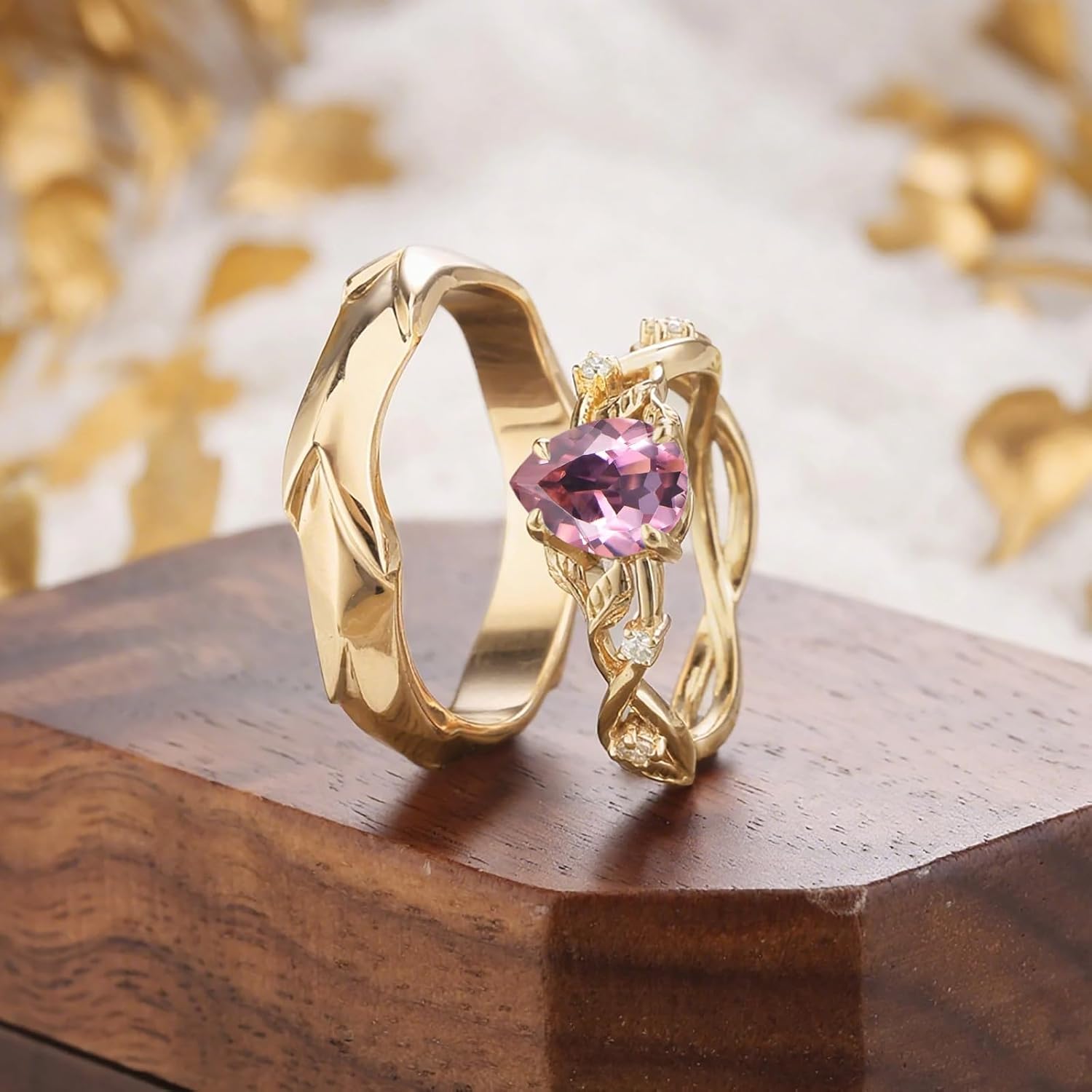 10K 14K 18K Gold 2.0ct Pear Gemstone Engagement Rings for Couples Nature Inspired Birthstone Leaf Vine Promise Anniversary wedding Jewelry for his and hers Bridal Set Size 4~15 - Image 2