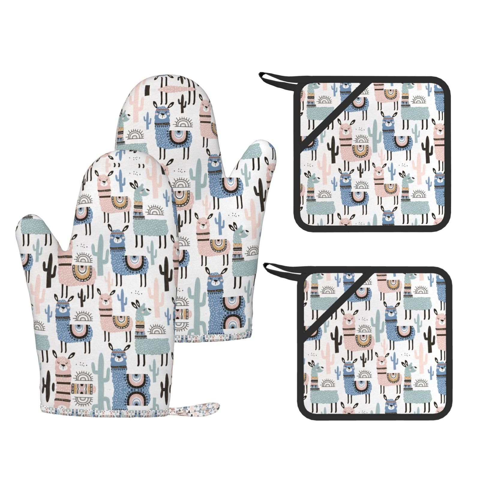 Llama Alpaca Cactus Trendy Printed Kitchen Set with Heat Resistant Gloves & Non-Slip Hot Pads for Baking & Grilling