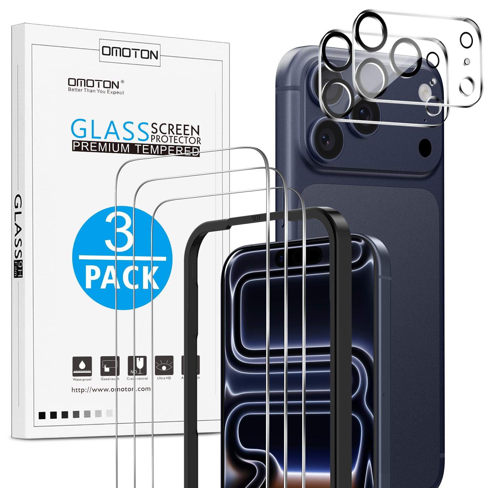 OMOTON für iPhone 17 Pro Panzer Schutz Glas mit Rahmen-Installationshilfe, kompatibel mit iPhone 17 Pro Kamera Schutzfolie, Anti- Kratzer, Bläschenfrei, 9H Härte Folie, 3+2 Stück