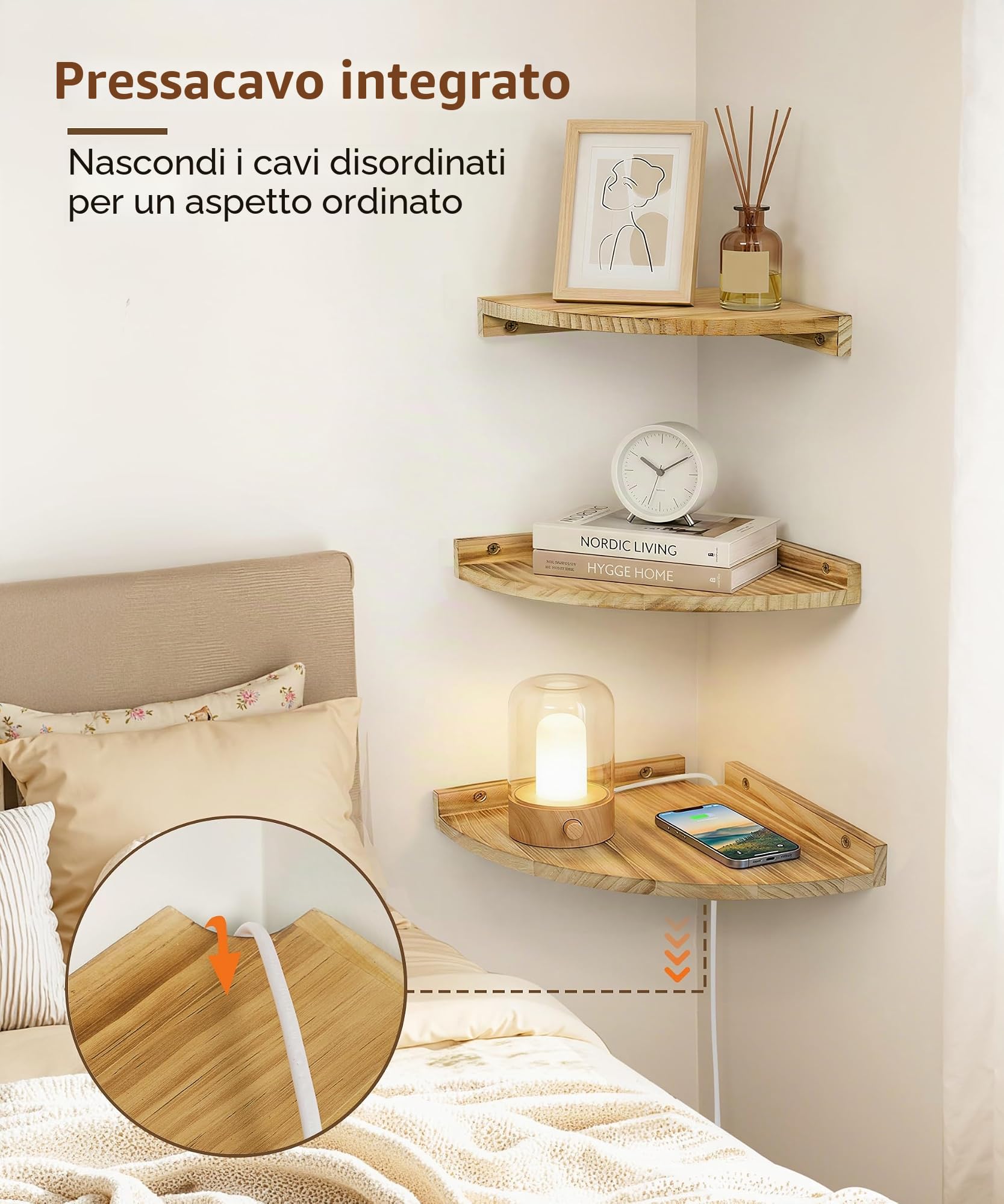 Scaffale angolare da parete in legno, set da 3 scaffali galleggianti, stile vintage, rustico, per la parete, libreria, con estremità rotonda, per bagno, cucina, camera da letto, soggiorno