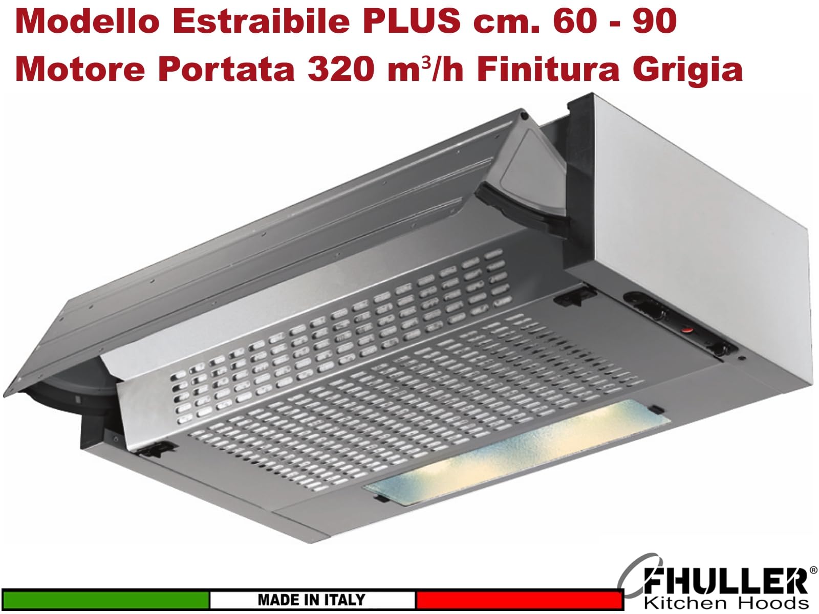 Cappa ESTRAIBILE PLUS Gruppo Incasso 60 Sottopensile Tecnowind K104R0077 Motore 320 m³/h Classe C SENZA FRONTALINO Illuminazione a LED 2,5 E14 Comando Meccanico Filtro Metallico