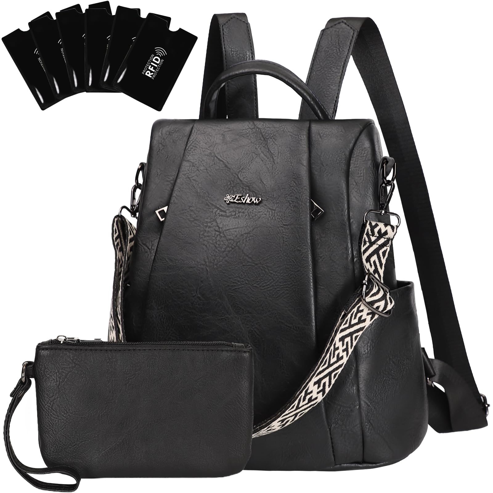 Eshow Petit Sac a Dos Femme Antivol, Sacs à Main Portés Dos Elégant Léger Imperméable PU Cuir, Sacoche Bandoulière avec Étui anti RFID & Pochette pour Voyage Travail Loisirs Université Noir