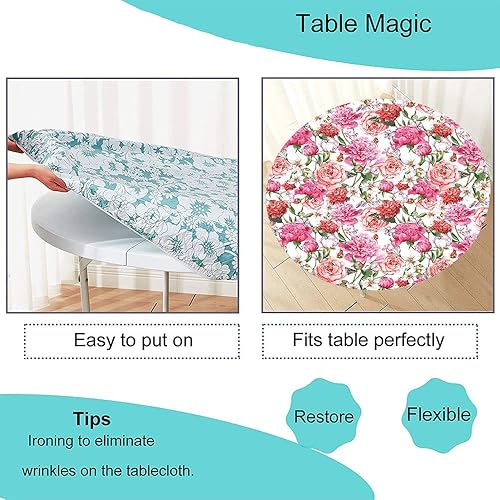 Miniatura 5 de Mantel redondo ajustable con flores de acuarela, estampado floral con peonías rosas, borde elástico, adecuado para bodas, banquetes, restaurantes y