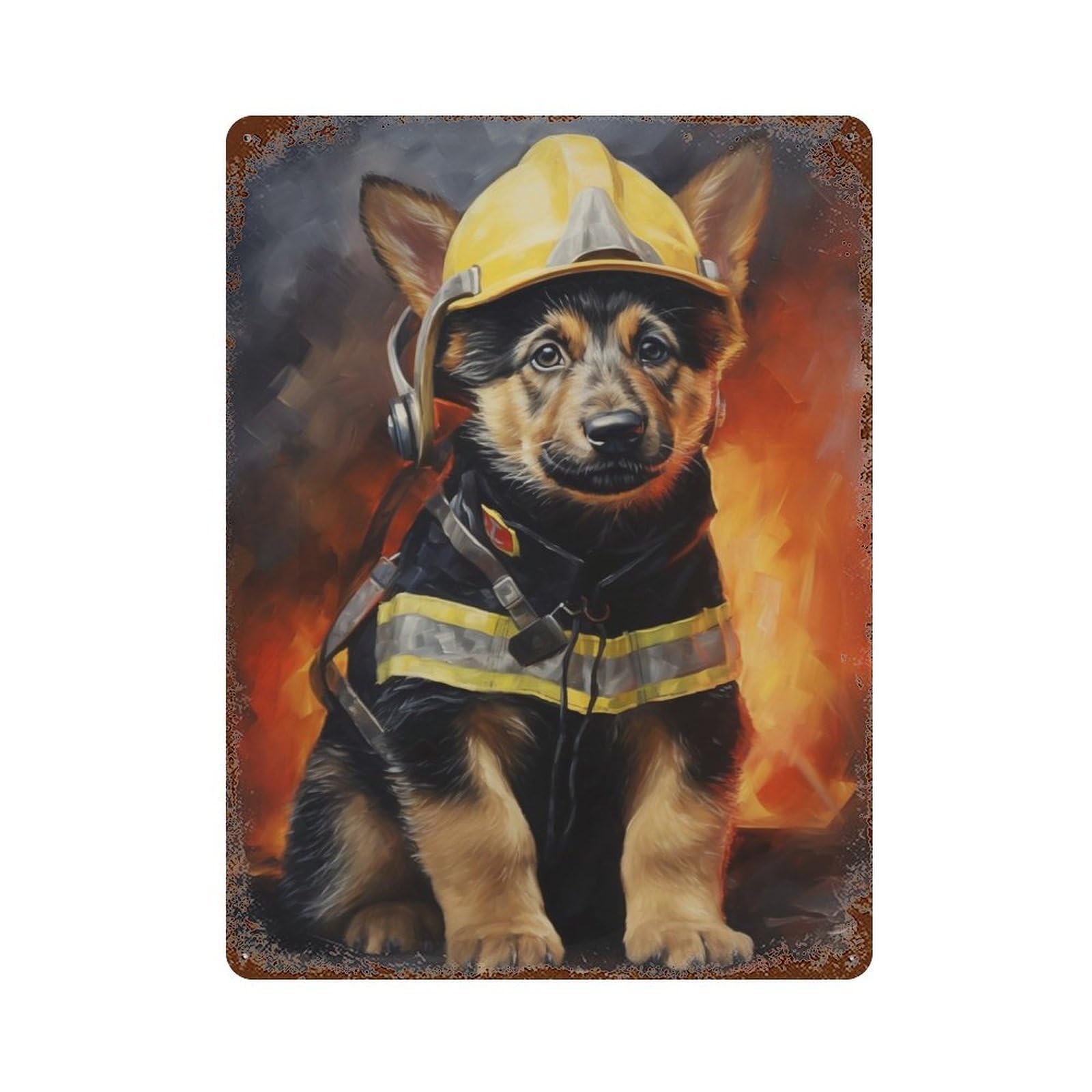 Garage Style Puppy Firefighter Rustic Tin Plaque 15.7"x11.8", Classic Wall Plaque for Bar And Workshop